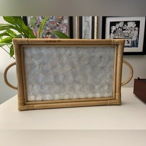 Vintage bamboo rattan tray with mother of pearl capiz inlay